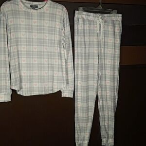 NWT Loft Sleep SMALL Grey Plaid w/pink hearts Long Sleeve Pajama Set